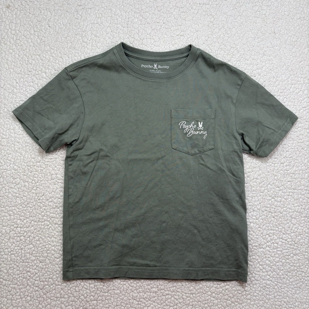 Psycho Bunny Kids Graphic Tee Size M (10/12) Sage Green 100% Pima Cotton Pocket